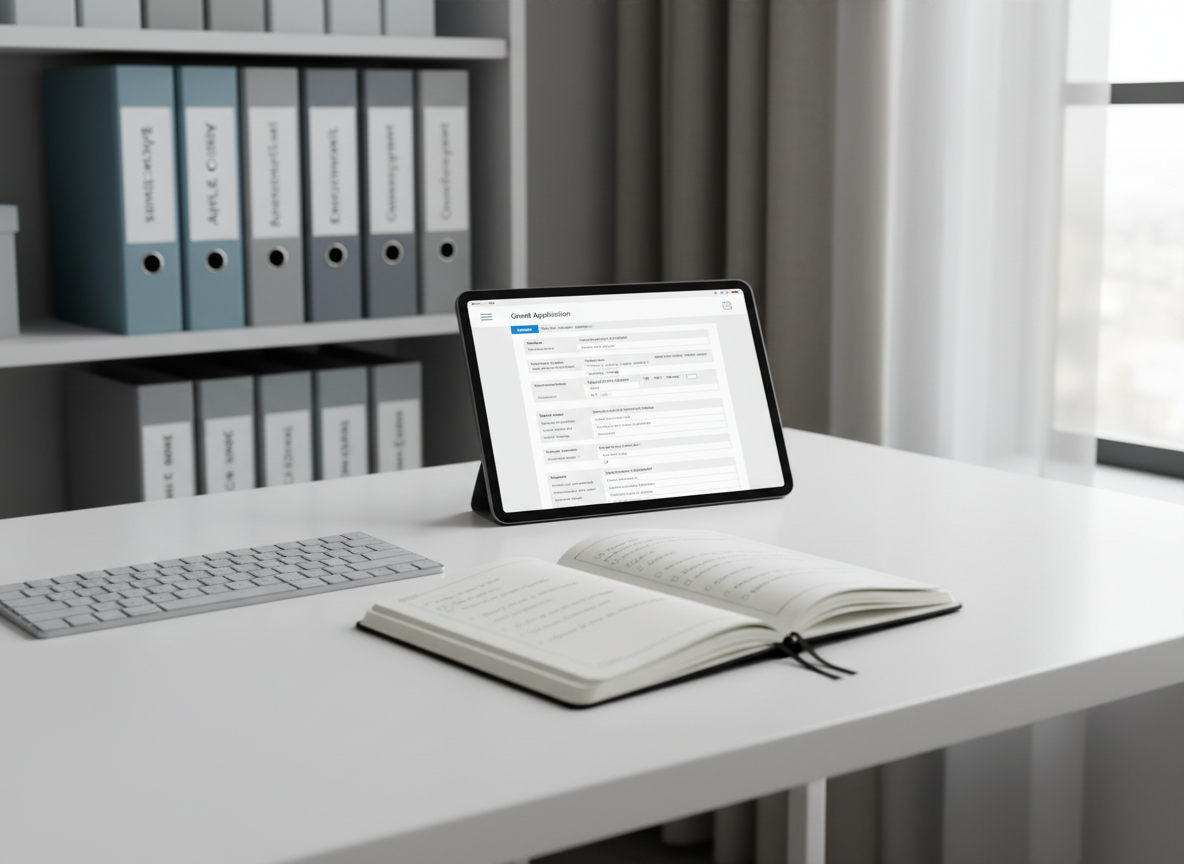 A tidy workspace dedicated to grant writing, featuring a dark charcoal notebook open to a page of neatly handwritten outlines beside a slim keyboard and a tablet displaying a completed grant application form. The objects rest on a smooth white desk with precise edges, backed by a built-in shelving unit containing labeled binders for different funding sources in muted blues and grays. Natural overcast window light from the right provides soft, even illumination, with delicate shadows defining each object. The mood is focused and meticulous, evoking confidence in the grant-writing process. Shot from a slightly elevated, three-quarter angle with a shallow depth of field that keeps the notebook and tablet in crisp focus while gently blurring the shelves, in a clean, photographic, modern business style.
