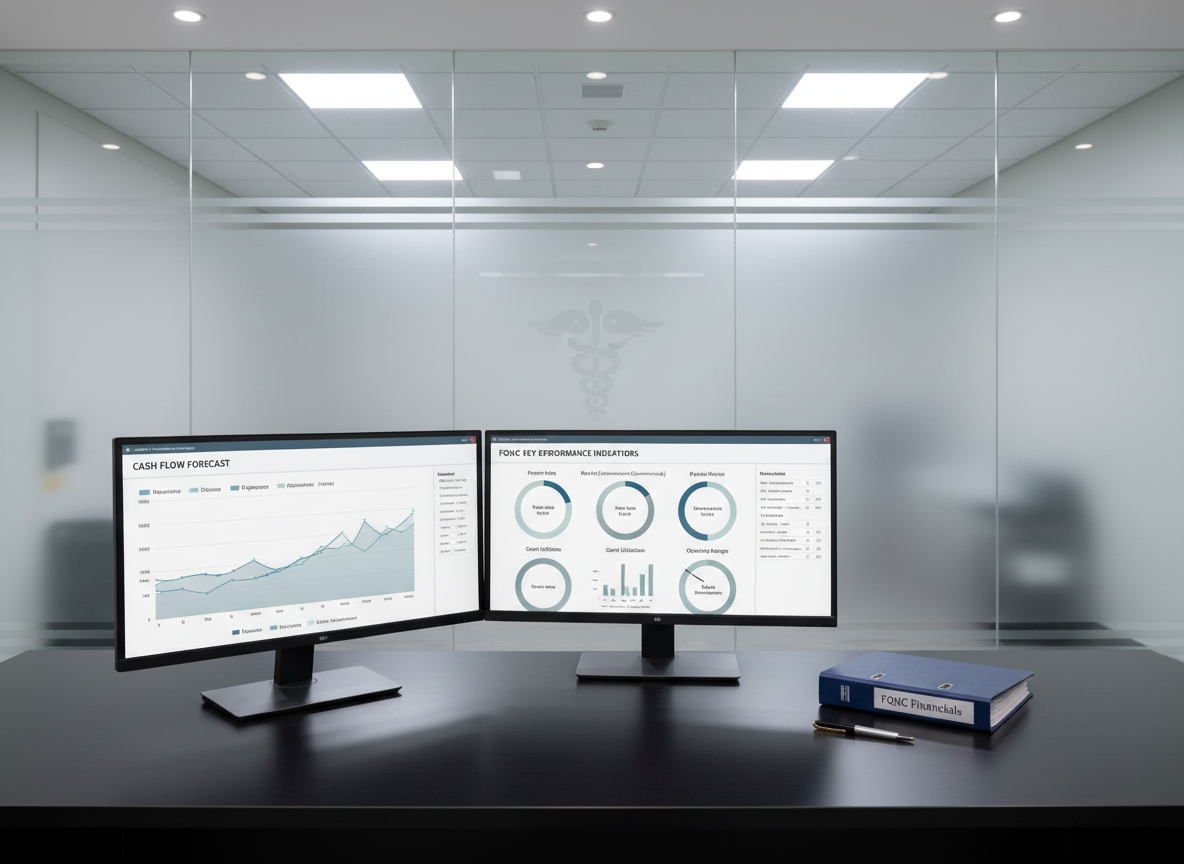 A refined CFO workstation tailored for a Federally Qualified Health Center, showing a large dual-monitor setup with one screen displaying a detailed cash flow forecast and the other a dashboard of key performance indicators, all in professionally designed, muted color palettes. The monitors sit on a matte black desk, alongside a closed binder labeled “FQHC Financials” and a precisely aligned pen. In the background, a frosted glass wall hints at a healthcare setting with a subtle caduceus symbol etched in the glass. Cool, balanced artificial lighting from recessed ceiling fixtures creates a crisp, clinical yet corporate feel. Captured at eye level with strong horizontal lines and full-depth sharpness, the image conveys precision, oversight, and trustworthy fractional CFO support.