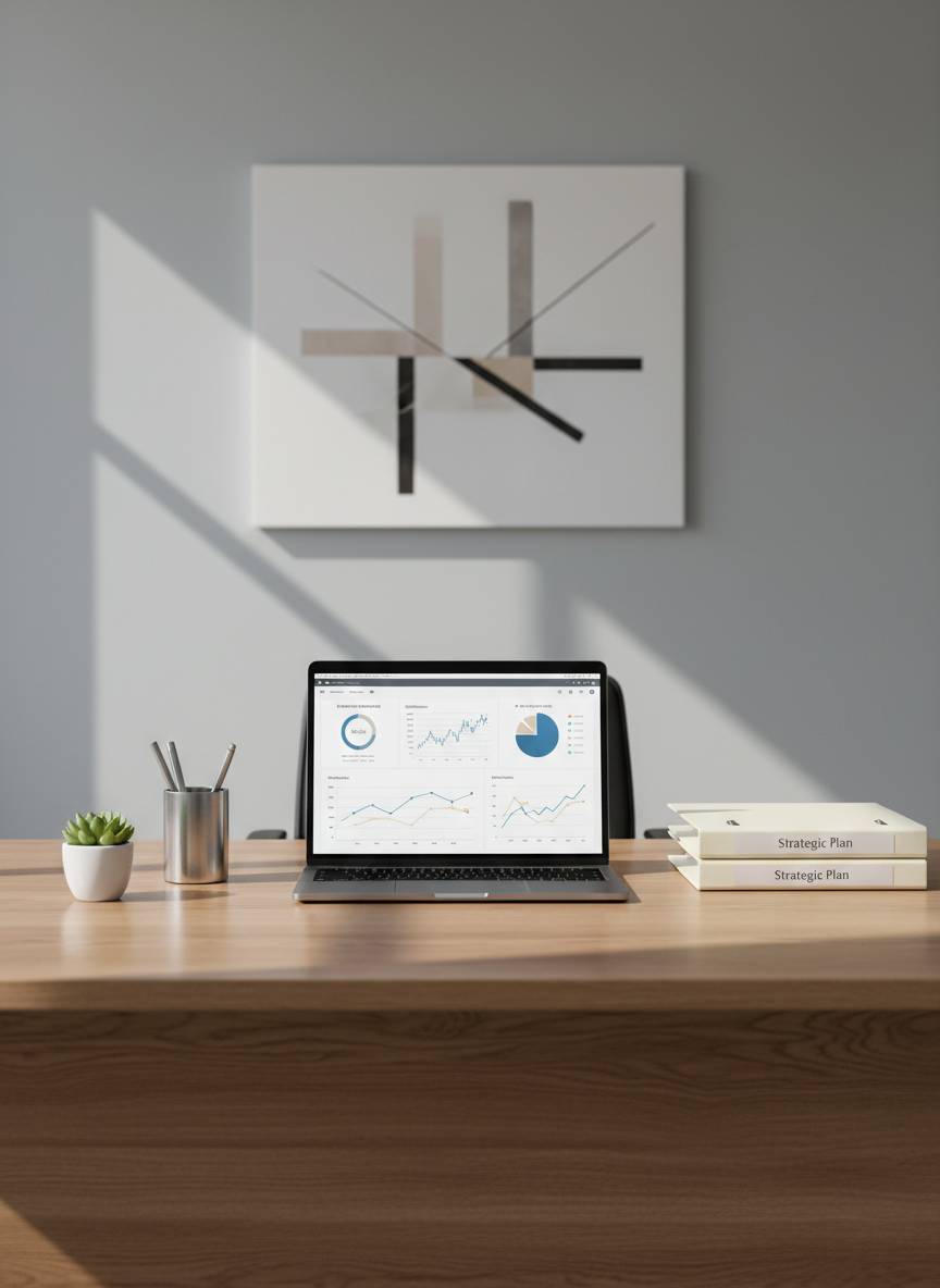 A sleek, uncluttered executive desk in a modern office, featuring an open silver laptop displaying a clean financial dashboard and a neatly stacked folder labeled “Strategic Plan” in subtle lettering. The desk surface is a light oak wood with a matte finish, set against a soft gray wall with a minimal abstract art canvas in neutral tones. Diffused daylight enters from an unseen window to the left, casting gentle, linear shadows across the desk. The mood is calm, methodical, and trustworthy. Captured at eye level with a slightly wide angle, everything is in sharp focus, emphasizing order and clarity. The photographic realism and clean, corporate aesthetic communicate professional consulting and organized thinking.