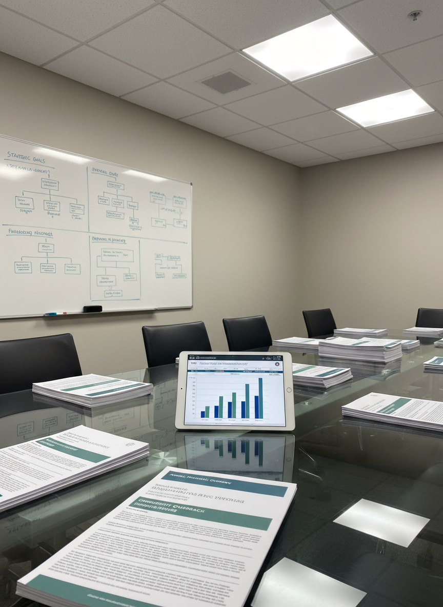 A large glass conference table in a contemporary boardroom, covered with neatly arranged financial reports, grant proposal drafts, and a slim tablet showing a projected budget. A whiteboard in the background, mounted on a pale taupe wall, displays precisely drawn charts and timelines in muted marker colors. Soft overhead LED panel lighting creates even, shadow-free illumination, giving the scene a balanced, analytical feel. The camera angle is slightly elevated, looking diagonally across the table, using the rule of thirds to frame the documents and screen as focal points. The overall photographic style is clean and corporate, with cool neutral tones suggesting structure, expertise, and strategic planning for non-profit organizations.
