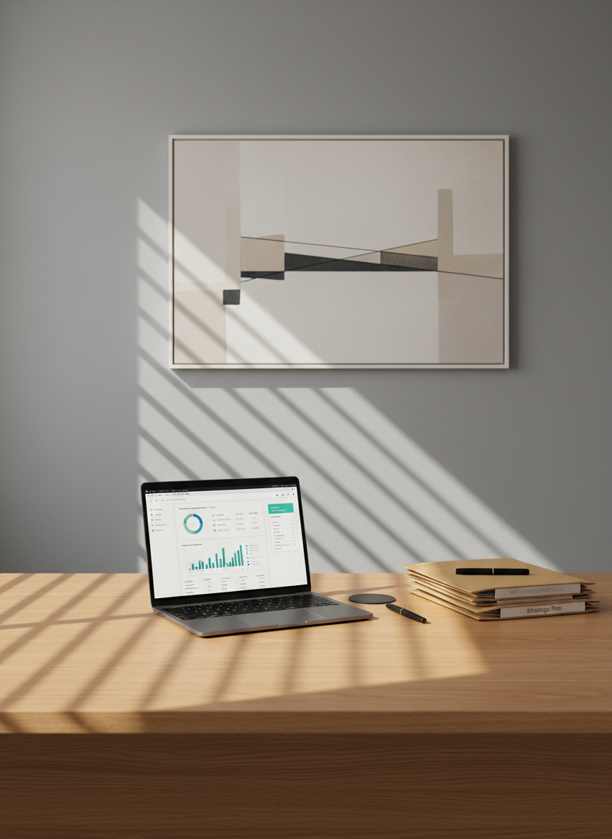A sleek, uncluttered executive desk in a modern office, featuring an open silver laptop displaying a clean financial dashboard and a neatly stacked folder labeled “Strategic Plan” in subtle lettering. The desk surface is a light oak wood with a matte finish, set against a soft gray wall with a minimal abstract art canvas in neutral tones. Diffused daylight enters from an unseen window to the left, casting gentle, linear shadows across the desk. The mood is calm, methodical, and trustworthy. Captured at eye level with a slightly wide angle, everything is in sharp focus, emphasizing order and clarity. The photographic realism and clean, corporate aesthetic communicate professional consulting and organized thinking.