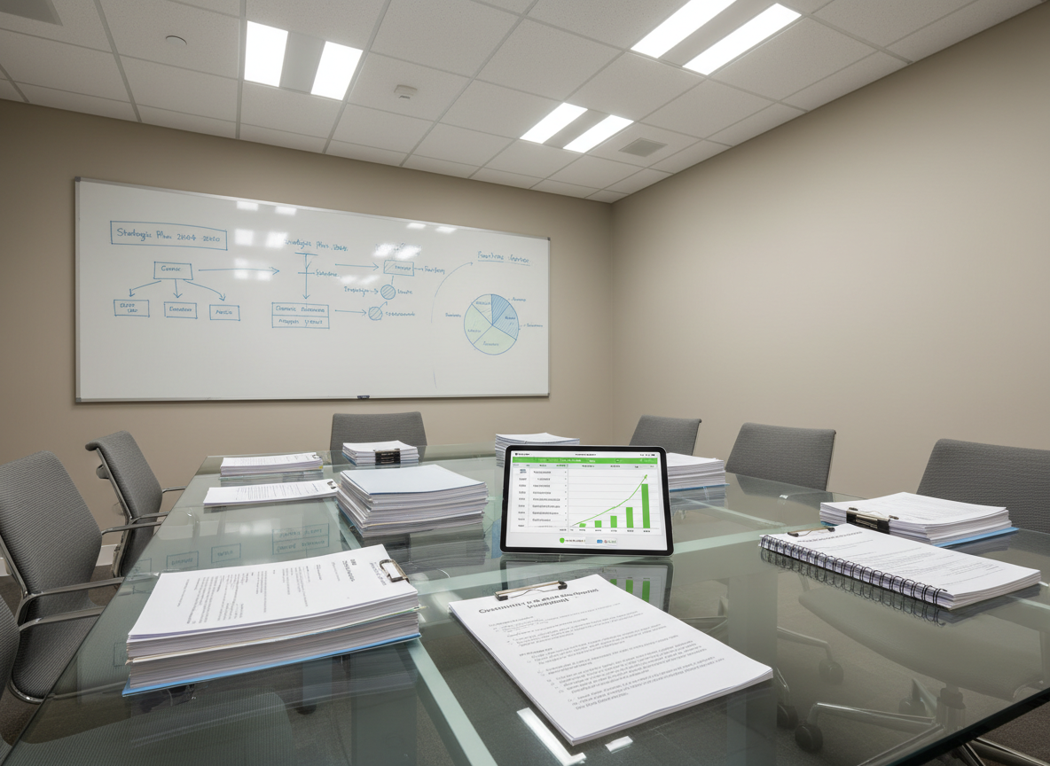 A large glass conference table in a contemporary boardroom, covered with neatly arranged financial reports, grant proposal drafts, and a slim tablet showing a projected budget. A whiteboard in the background, mounted on a pale taupe wall, displays precisely drawn charts and timelines in muted marker colors. Soft overhead LED panel lighting creates even, shadow-free illumination, giving the scene a balanced, analytical feel. The camera angle is slightly elevated, looking diagonally across the table, using the rule of thirds to frame the documents and screen as focal points. The overall photographic style is clean and corporate, with cool neutral tones suggesting structure, expertise, and strategic planning for non-profit organizations.