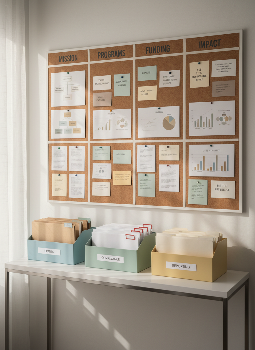 A carefully organized non-profit strategy corner, with a large wall-mounted corkboard divided into labeled sections: “Mission,” “Programs,” “Funding,” and “Impact,” each holding neatly pinned index cards and printed charts in neutral colors. Below, a minimalist white console table holds three color-coded document trays labeled “Grants,” “Compliance,” and “Reporting,” each containing well-arranged folders. Soft afternoon light filters through sheer blinds on the left, creating gentle diagonal streaks across the wall and table, adding warmth without disrupting the neutral palette. The composition uses the rule of thirds, placing the corkboard as the primary focal point, with moderate depth of field keeping all critical text-like elements legible. The photographic style is clean, structured, and modern, emphasizing methodical planning and long-term sustainability consulting for non-profits.